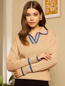 Berrylush Women Ribbed Shirt Collar Pullover Sweater