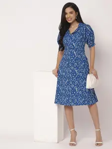 Moomaya Women Tie and Dye Printed Puff Sleeve A-Line Dress