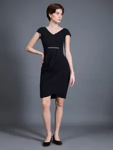 Miss Chase Women Solid V Neck Cap Sleeves Polyester Side Pocketed Knee Long Formal Dress