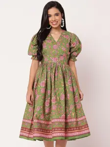 Moomaya Women Floral Printed Puff Sleeve Fit and Flare Dress