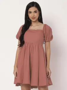Moomaya Women Puff Sleeve Fit & Flare Skater Cotton Mini Dress