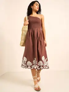 Honey by Pantaloons Women Cotton Printed Smocked One Shoulder Fit & Flare Midi Dress