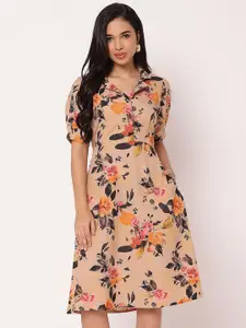 Moomaya Floral Print Puff Sleeve Crepe A-Line Dress