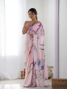 Mitera Floral Printed Mirror Work Pure Chiffon Saree