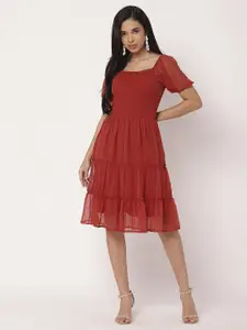 Moomaya Women Puff Sleeve Tiered Fit & Flare Dress