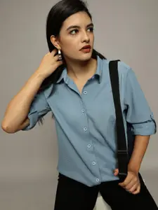 The Roadster Lifestyle Co. Women Premium Fit Spread Collar Textured Casual Shirt