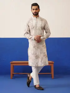 TheEthnic.Co Floral Printed Mirror Work Mandarin Collar Cotton Silk Straight Kurta