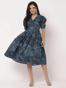 Moomaya Women Floral Printed Puff Sleeve Fit and Flare Dress