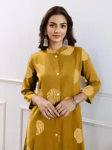 Anouk Polka Dots Printed Mandarin Collar Panelled Brocade A-Line Kurta