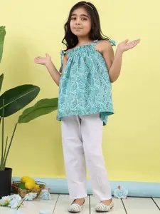 Sangria Girls Floral Printed Sleeveless Pure Cotton Top With Trouser
