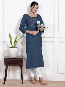 Jevi Prints Floral Embroidered Thread Work Denim Cotton Straight Kurta