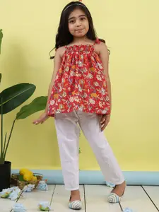 Sangria Girls Floral Printed Sleeveless Pure Cotton Top With Trouser