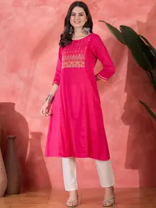 Sangria Geometric Embroidered Thread Work Round Neck A-Line Kurta