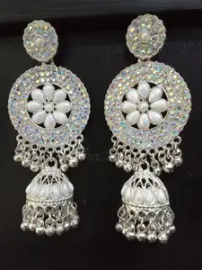 JMBW INTERNATIONAL Silver-Plated Stones Studded & Pearl Beaded Dome Shaped Jhumkas