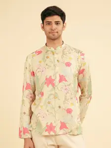 Manyavar Men Floral Printed Festive Satin Short Kurta