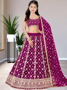 F Plus Fashion Girls Wine Embroidered Semi-Stitched Lehenga Choli With Dupatta
