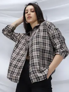 Campus Sutra Women Comfort Relaxed Fit Tartan Checked Spread Collar Cotton Casual Shirt