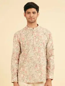 Manyavar Men Floral Printed Mandarin Collar Cotton Short Kurta