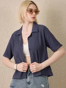 The Roadster Lifestyle Co. Women Textured Spread Collar Cotton Casual Shirt