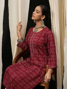 Anouk Bandhani Printed Round Neck Mirror Work Kurta