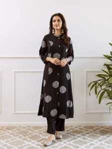 Anouk Polka Dots Printed Mandarin Collar Panelled Brocade A-Line Kurta
