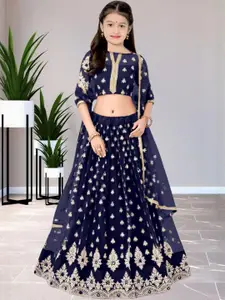 F Plus Fashion Girls Blue Embellished Semi-Stitched Lehenga Blouse With Dupatta