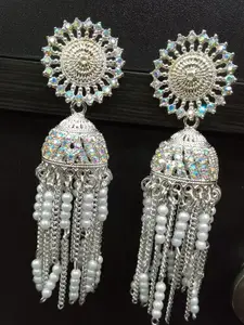 JMBW INTERNATIONAL Silver-Plated Artificial Stones Studded & Beaded Dome Shaped Jhumkas