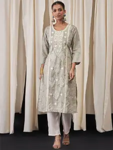 Anouk Women Floral Embroidered Round Neck Regular Straight Calf Length Thread Work Kurta