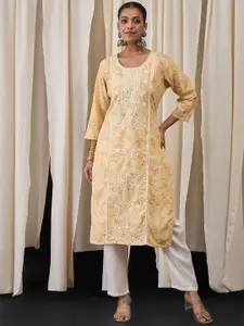 Anouk Floral Printed Round Neck Thread Work Pure Cotton Kurta