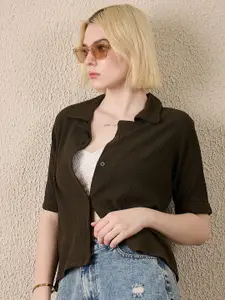 The Roadster Lifestyle Co. Women Textured Spread Collar Cotton Casual Shirt