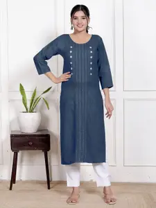 Jevi Prints Women Striped Embroidered Thread Work Indigo Denim Kurta