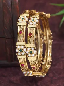 SGA FASHION Set Of 2 Gold-Plated American Diamond-Studded & Beaded Bangles