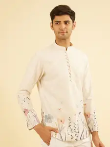 Manyavar Men Floral Printed Mandarin Collar Cotton Short Kurta