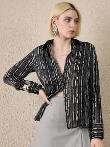 The Roadster Lifestyle Co. Women Vertical Striped Spread Collar Satin Casual Shirt