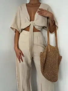 Fashion Gaiia Linen V Neck Top With Trousers Co-Ords Set