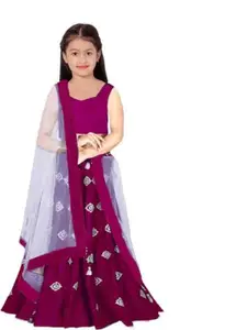 F Plus Fashion Girls Wine Thread Work Semi-Stitched Lehenga Choli With Dupatta