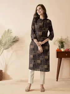 Anouk Floral Printed Mandarin Collar Straight Kurta