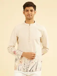 Manyavar Floral Printed Mandarin Collar Cotton Straight Kurta
