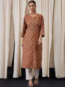 Anouk Geometric Printed Mirror Work Chanderi Silk Kurta