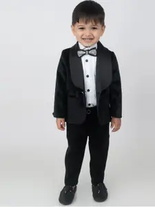 LITTLE COLLARS Boys 3-Pcs Velvet Striped Coat Tuxedo Pant Shirt Single-Breasted Suits