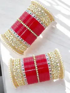 BeautyTrends Set Of 62 Gold-Plated Kundan-Studded & Beaded Dulhan Chuda Bangles
