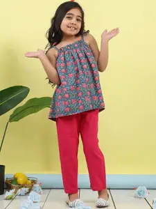 Sangria Girls Floral Printed Sleeveless Pure Cotton Top With Trouser