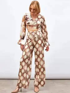 Fashion Gaiia Printed V-Neck Top With Trousers Co-Ords