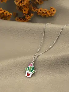 Carlton London 925 Sterling Silver Rhodium Plated Enamel Cactus in a Pot Necklace