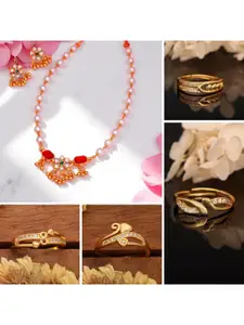 DIVASTRI White Pearl Necklace Set with Red Kundan Accents & Earrings