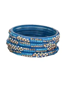 1ST TIME Women Pack of 6 Blue With Gold Stones Studded Alloy Bangles