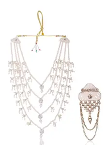 JIYANSHI FASHION Men White & Pink Pearls Gold-Plated Set Of Necklace & Brooch