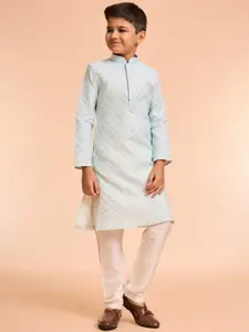 Manyavar Boys Geometric Printed Thread Work Mandarin Collar Art Silk Kurta With Pyjamas
