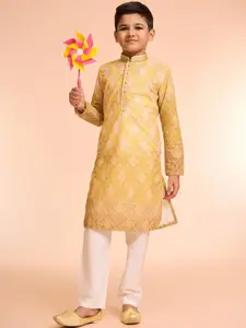 Manyavar Boys Bandhani Printed Mandarin Collar Sequinned Kurta With Pyjamas