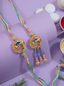 I Jewels Set Of 2 Designer Hanging Bhaiya Bhabhi Lumba Rakhis Bracelet Combo Set